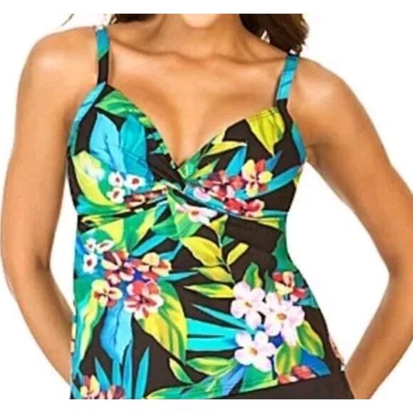 Miraclesuit 2 PC Roswell TANKINI SWIMSUIT Sz 12 Black Tropical Floral Underwire - Picture 5 of 16